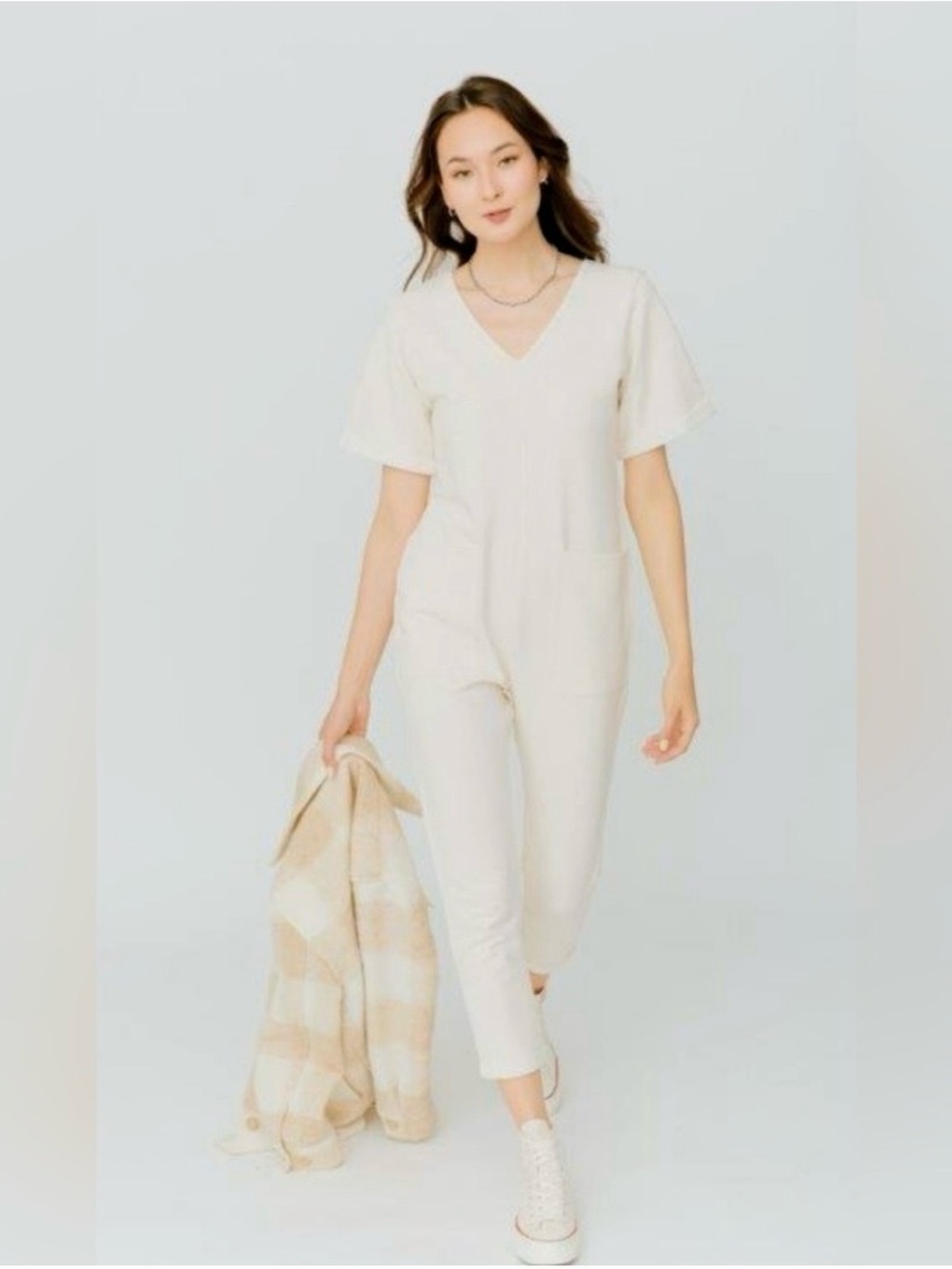 Smash + Tess Aria Romper Cream Oatmeal Mix Cozy Cotton Stretch V-Neck 2XS